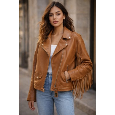 Chaqueta biker con flecos – Color marrón