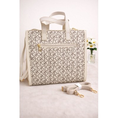 Bolso Tote Premium Estampado Geométrico – Color Blanco & Beige