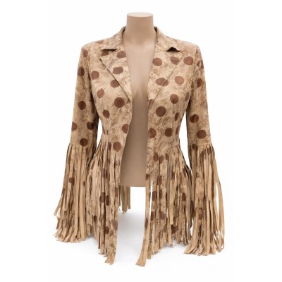 Chaqueta ligera de estilo boho con original estampado de lunares y elegantes flecos en mangas y bajo.